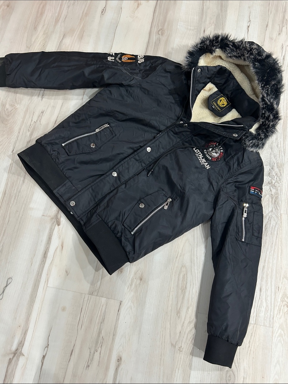 Black Hooded Bomber Jacket with Faux-Fur Trim by